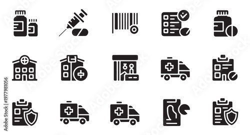 Medical and healthcare icons for pharmacy and hospital services.