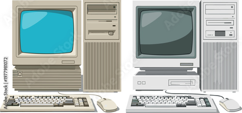 Vintage desktop computer collection with retro monitors keyboards and system units, old technology vector set for computing history design