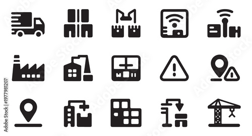 Logistics and industry icons for supply chain, manufacturing, and transport.