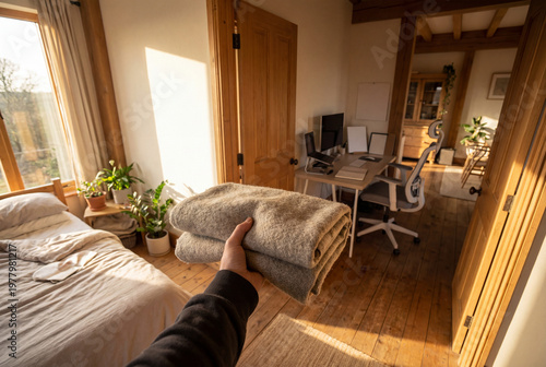 Hand holding folded cozy blanket in a bright home interior