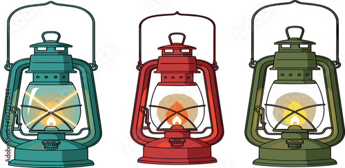 Vintage kerosene lantern collection with colorful oil lamps, classic lighting vector set for camping, outdoor, and decorative design
