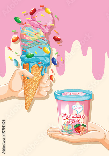 Hands Holding Colorful Ice Cream Cone and Strawberry Ice Cream Tub