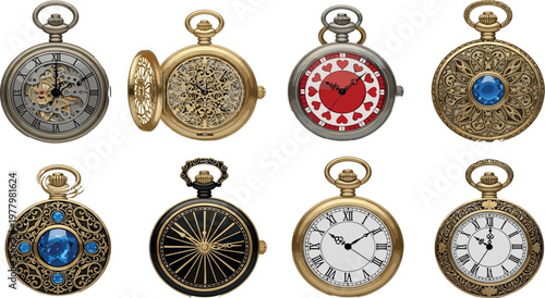 Vintage pocket watch collection with ornate gold designs and classic dials, luxury antique timepiece vector set for jewelry and history design