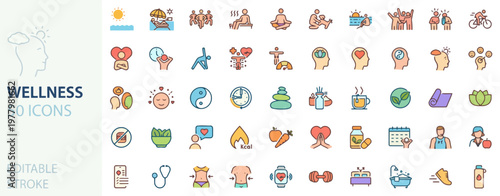 Comprehensive Wellness and Self-Care Line Icons Collection for Holistic Health, Mental Well-being, and Balanced Lifestyle Concepts