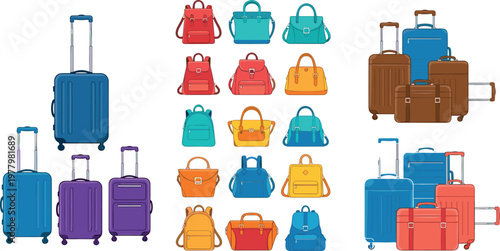 Travel luggage collection with suitcases backpacks and handbags, colorful vector set for vacation, tourism, and travel accessory design