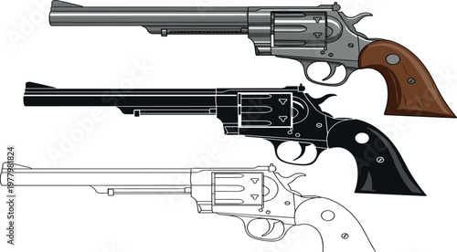 Revolver handgun collection with different styles and finishes, realistic firearm vector set for security, law enforcement, and design use