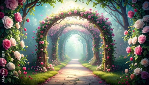 Dreamy pink rose archway along a misty stone garden path. Romantic floral tunnel with pastel blossoms and glowing haze. Enchanted woodland walkway framed by soft roses and sunlight