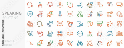 Diverse Collection of 50 Editable Speech and Communication Icons representing various aspects of dialogue, interaction, and vocalization
