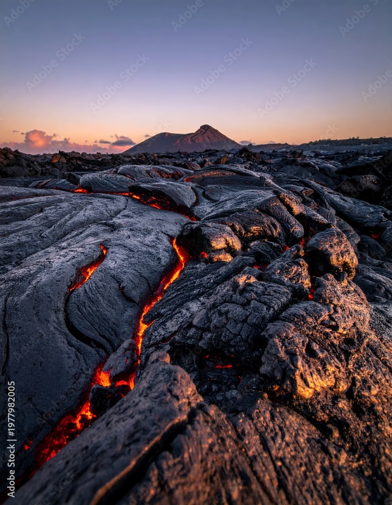 Naklejka premium Molten Lava Flowing Through Volcanic Landscape at Sunset.
