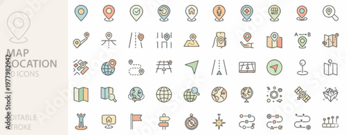 Map Location Icons Set - Editable Stroke, Featuring Navigation, GPS, Directions, and Travel Icons for Various Applications