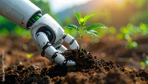 A robotic hand gently plants a young green sapling in rich soil