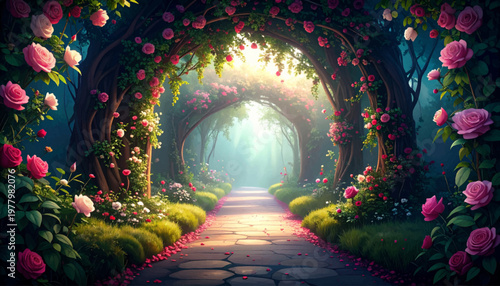 Whimsical forest portal wrapped in blooms and luminous rays. Fairytale garden entrance beneath twisting branches and roses. Magical nature arch framing a tranquil pathway and glade