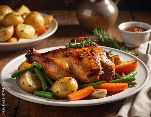 A roasted chicken on a plate with vegetables on a wooden table