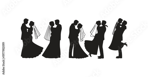 Wedding couple silhouettes set with bride and groom dancing in various romantic positions.