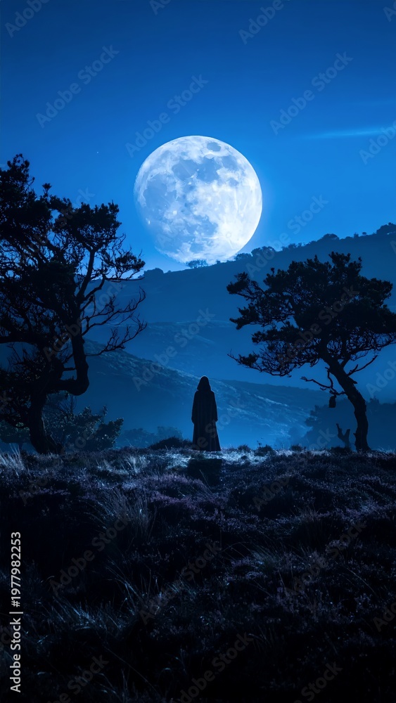 Fototapeta premium Mysterious Figure Under a Luminous Full Moon in a Dark Forest Landscape.