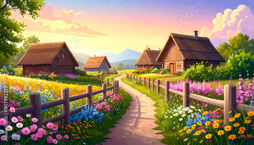 Scenic country road between cottages wildflowers and distant peaks. Idyllic rural panorama with fences gardens and alpine backdrop. Peaceful meadow pathway crossing a bright pastoral settlement