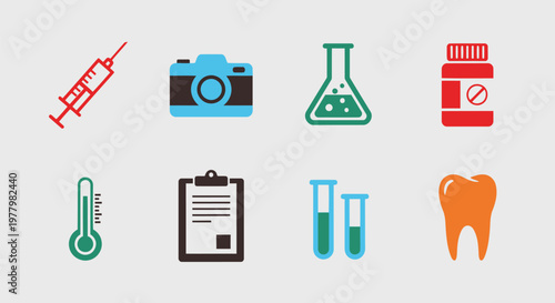 Diverse set of medical and scientific icons featuring syringe camera laboratory flask medicine bottle thermometer clipboard test tubes and human tooth.