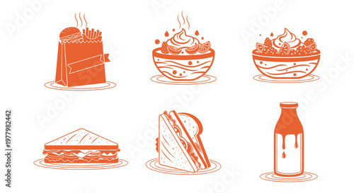 Delicious breakfast and snack icons featuring yogurt smoothie bowl and fresh sandwich toast with a milk bottle and fast food combo.