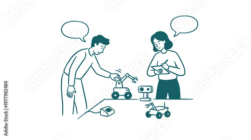 Two engineers testing and documenting robotic prototypes in a laboratory setting with speech bubbles indicating technical discussion and scientific observation.