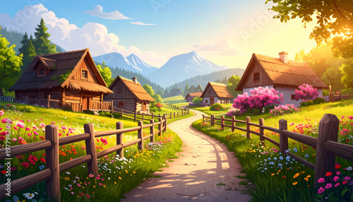 Alpine cottages facing snowy peaks across sunny valley path. Pink shrubs accent peaceful lane near glowing rural houses. Serene mountain vista featuring blossoms around rustic chalets