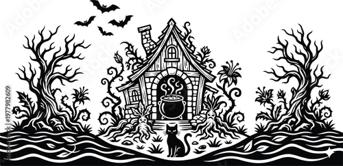 Mysterious witch's cottage by the eerie, enchanted waterside at twilight isolated on white background, Vector