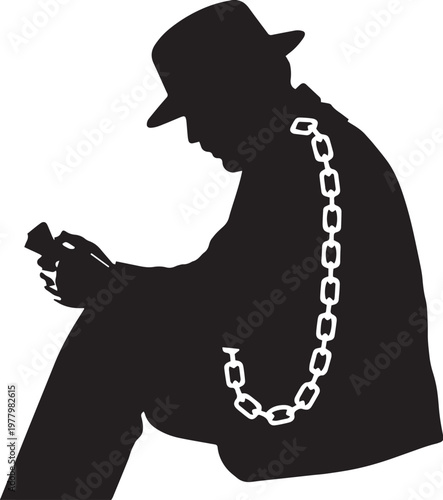 Silhouette of a man in a hat with a chain around his neck looking at a phone