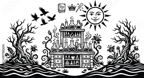 Alchemist’s workshop by the sea with celestial and natural elements isolated on white background, Vector