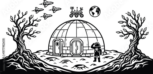 Astronaut exploring a futuristic habitat on a barren, otherworldly landscape isolated on white background, Vector