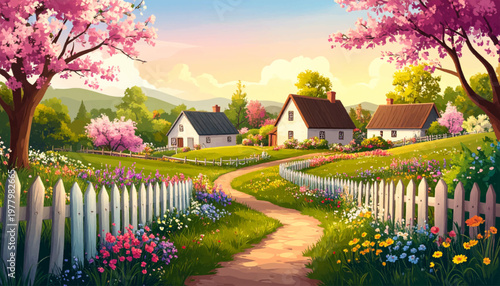 White fences guide garden trail past charming spring homes. Blossom trees shelter peaceful neighborhood among rolling hills. Idyllic cottages overlook colorful borders beneath pastel daylight