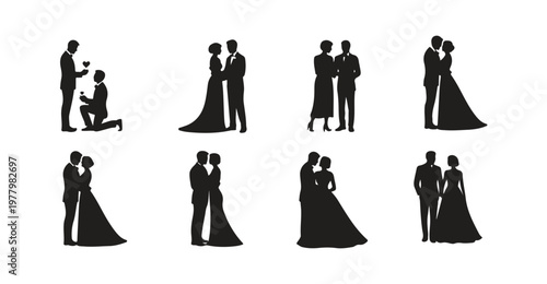 Proposal and wedding silhouette set featuring couples in formal attire and bridal dresses.