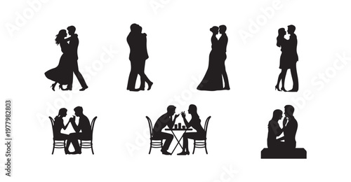 Lifestyle couple silhouettes depicting dancing and dining dates for romantic illustrations.
