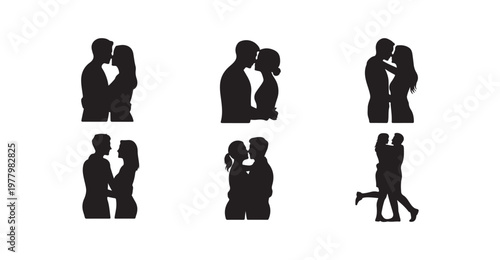 People silhouettes set isolated on white background, intimate moments of romantic couples.