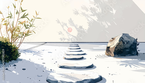 Zen sandbox displaying rounded stones beside bamboo silhouettes. Meditative composition pairing smooth pebbles with sculptural boulder. Tranquil eastern layout emphasizing raked texture 