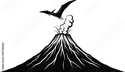 Ancient pterosaur soaring above an erupting volcano in a prehistoric landscape isolated on white background, Vector