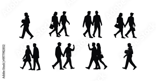 People silhouettes set isolated on white background, various walking people and couples.