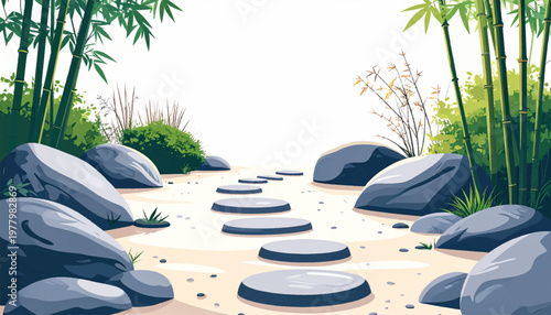 Bamboo grove surrounding circular steps within peaceful gravel terrain. Harmonious garden pathway enclosed by rocks amid airy space. Silent sanctuary presenting balance through natural simplicity