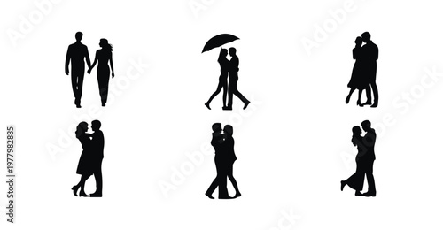 Couples in love embracing and dancing silhouettes for romantic concept.