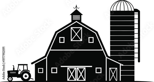 Classic black and white illustration of a farm with a barn and silos isolated on white background, Vector