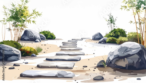 Watercolor dry garden featuring layered slabs with bamboo clusters. Japanese courtyard concept using broad stones, gravel, airy margin. Elegant landscape backdrop pairing shrubs, boulders, 
