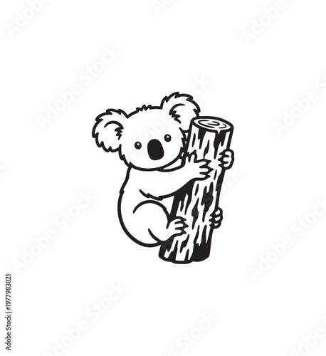 Cute cartoon koala clinging to a tree trunk illustration.