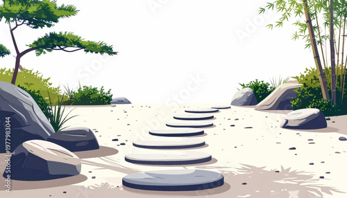 Open zen courtyard accented by pine silhouette and circular steps. Minimal Japanese setting with bamboo, pebbles, generous whitespace. Calm landscape composition for spa, branding, editorial use
