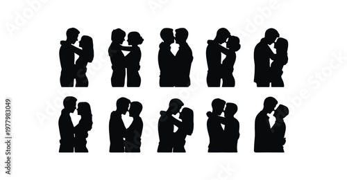 Kissing couples silhouette vector set, romantic relationships and affection, lovely moments.