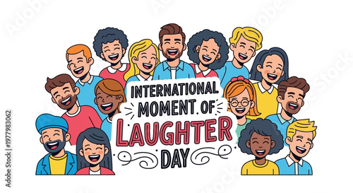A group of diverse, smiling cartoon people are celebrating International Moment of Laughter Day in a colorful vector illustration, showcasing happiness and positive emotions against a clean
