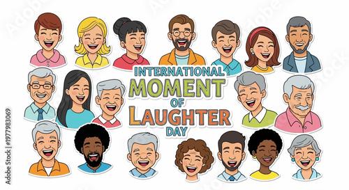 A cheerful vector illustration celebrates International Moment of Laughter Day, displaying diverse cartoon people with bright smiles and expressions of joy against a clean white background