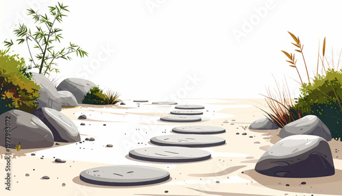 Sparse bamboo scene featuring sandy trail with rounded stepping disks. Neutral wellness background framed by grasses, stones, open distance. Minimal retreat illustration offering calm rhythm 