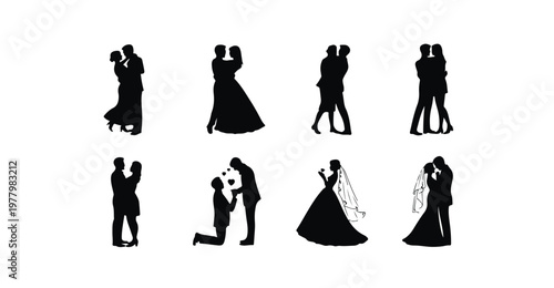 Wedding couple silhouette vector icon set bride groom love celebration marriage.