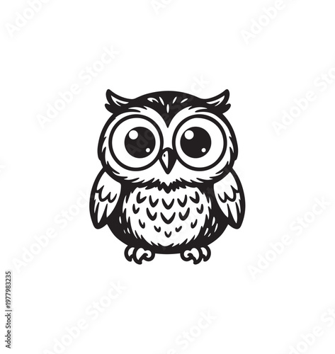 Cartoon owl with big eyes standing.