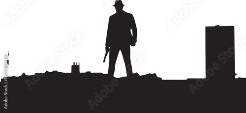 Silhouette of a man with a gun against a city skyline