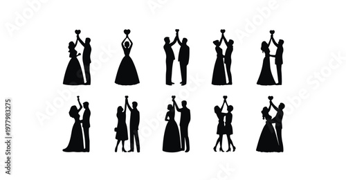 Wedding couple silhouettes set with heart symbols for celebration and marriage decoration.
