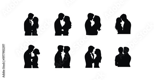 Romantic couple silhouettes set showing intimate moments of love kissing and hugging art.